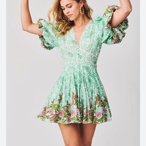 HEMANT & NANDITA Floral Mini Dress in Green and Pink